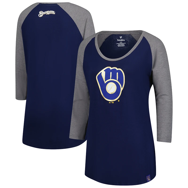 Women's Majestic Navy Milwaukee Brewers Raglan 3/4-Sleeve T-Shirt