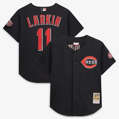 Men's Mitchell & Ness Barry Larkin Black Cincinnati Reds Cooperstown Collection Mesh Batting Practice Button-Up Jersey