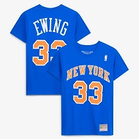 Men's Mitchell & Ness Patrick Ewing Blue New York Knicks Hardwood Classics Stitch Name & Number T-Shirt