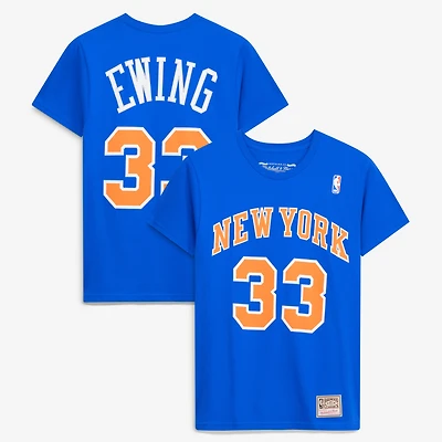 Men's Mitchell & Ness Patrick Ewing Blue New York Knicks Hardwood Classics Stitch Name & Number T-Shirt