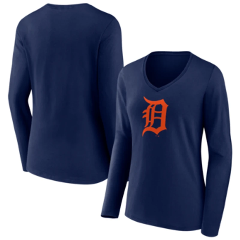 Women's Navy Detroit Tigers Logo Long Sleeve V-Neck T-Shirt