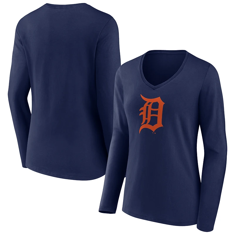 Women's Navy Detroit Tigers Logo Long Sleeve V-Neck T-Shirt