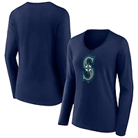 Women's Navy Seattle Mariners Logo Long Sleeve V-Neck T-Shirt