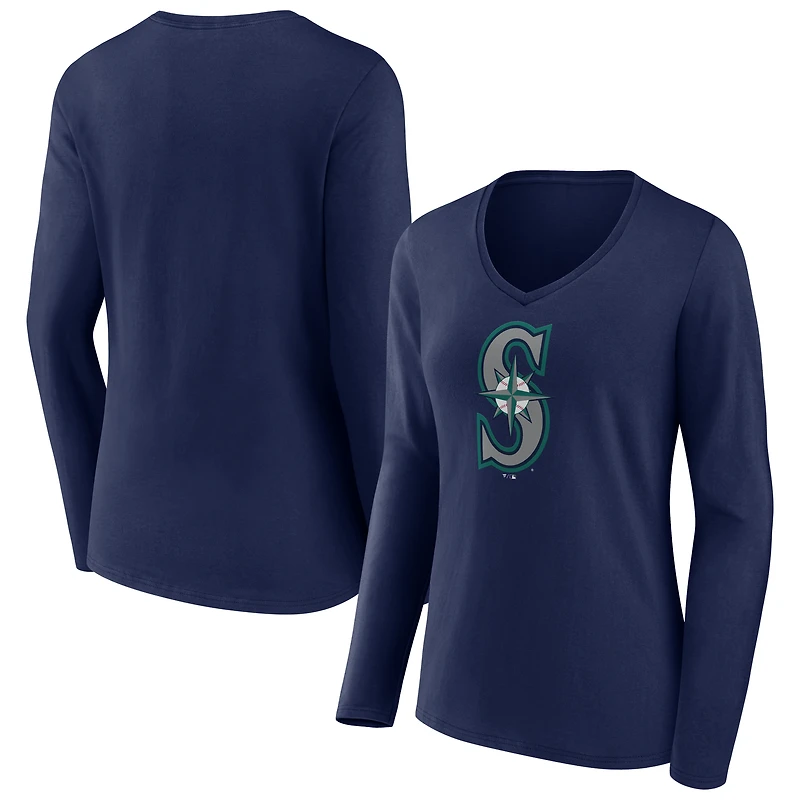 Women's Navy Seattle Mariners Logo Long Sleeve V-Neck T-Shirt