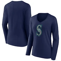 Women's Navy Seattle Mariners Logo Long Sleeve V-Neck T-Shirt