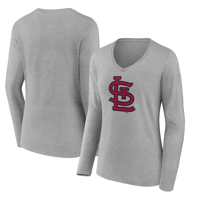 Women's Heather Gray St. Louis Cardinals Core Official Logo Long Sleeve V-Neck T-Shirt
