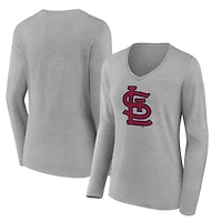 Women's Heather Gray St. Louis Cardinals Core Official Logo Long Sleeve V-Neck T-Shirt