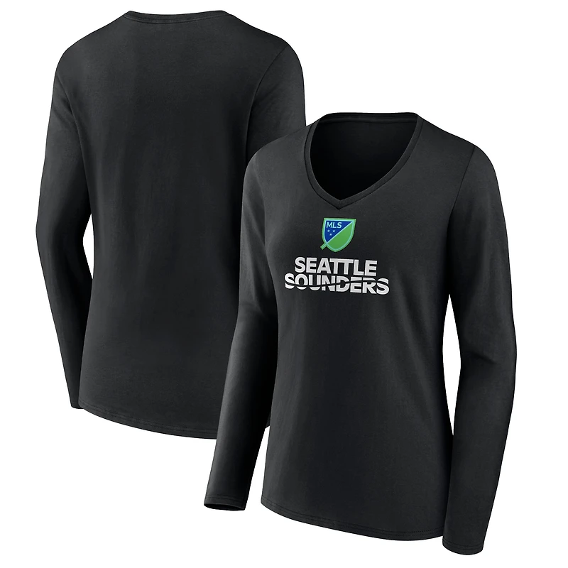 Women's Black Seattle Sounders FC Shielded Long Sleeve V-Neck T-Shirt