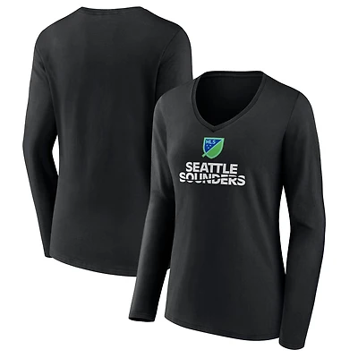 Women's Black Seattle Sounders FC Shielded Long Sleeve V-Neck T-Shirt
