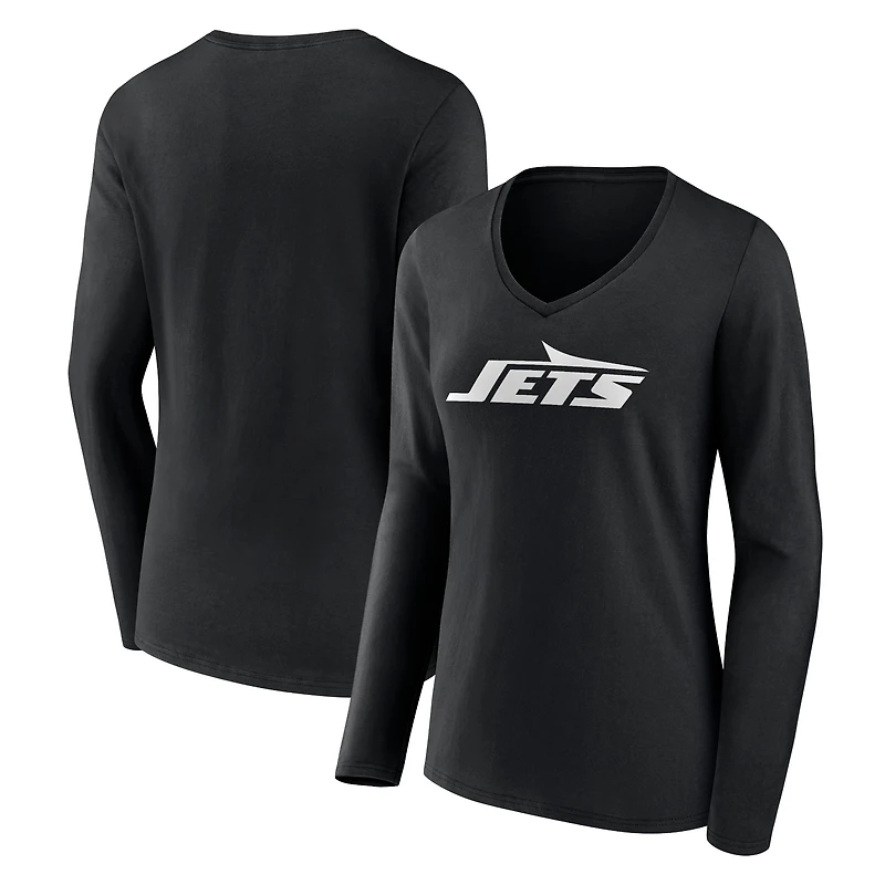 Women's Black New York Jets Primary Team Logo Long Sleeve V-Neck T-Shirt