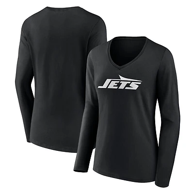 Women's Black New York Jets Primary Team Logo Long Sleeve V-Neck T-Shirt