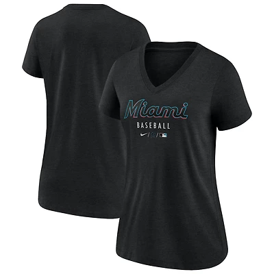 Women's Nike Heather Black Miami Marlins Authentic Collection Tri-Blend V-Neck T-Shirt