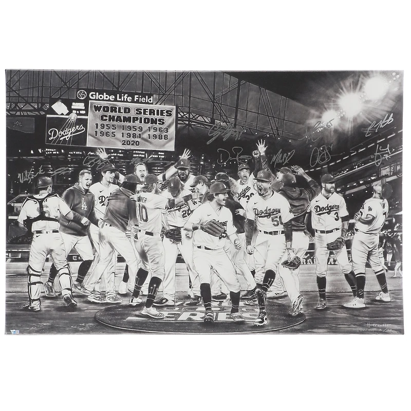 Los Angeles Dodgers Autographed Stretched 27" x 40" 2020 MLB World Series Champions Canvas with at least 12 signatures - Art by Dave Hobrecht - Limited Edition of 20