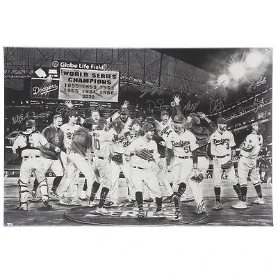 Los Angeles Dodgers Autographed Stretched 27" x 40" 2020 MLB World Series Champions Canvas with at least 12 signatures - Art by Dave Hobrecht - Limited Edition of 20