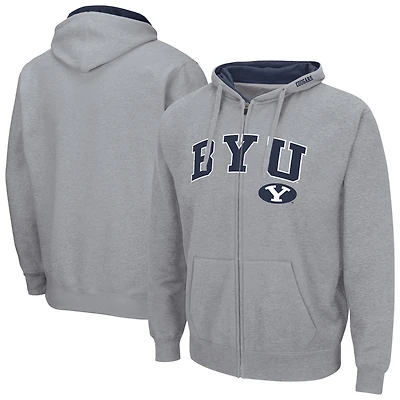 Men's Colosseum Heathered Gray BYU Cougars Arch & Logo 3.0 Full-Zip Hoodie