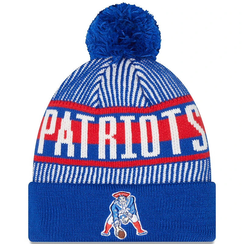 Men's New Era Royal New England Patriots Striped Cuffed Knit Hat with Pom