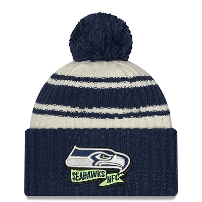 Men's New Era Cream/College Navy Seattle Seahawks 2022 Sideline Sport Cuffed Pom Knit Hat