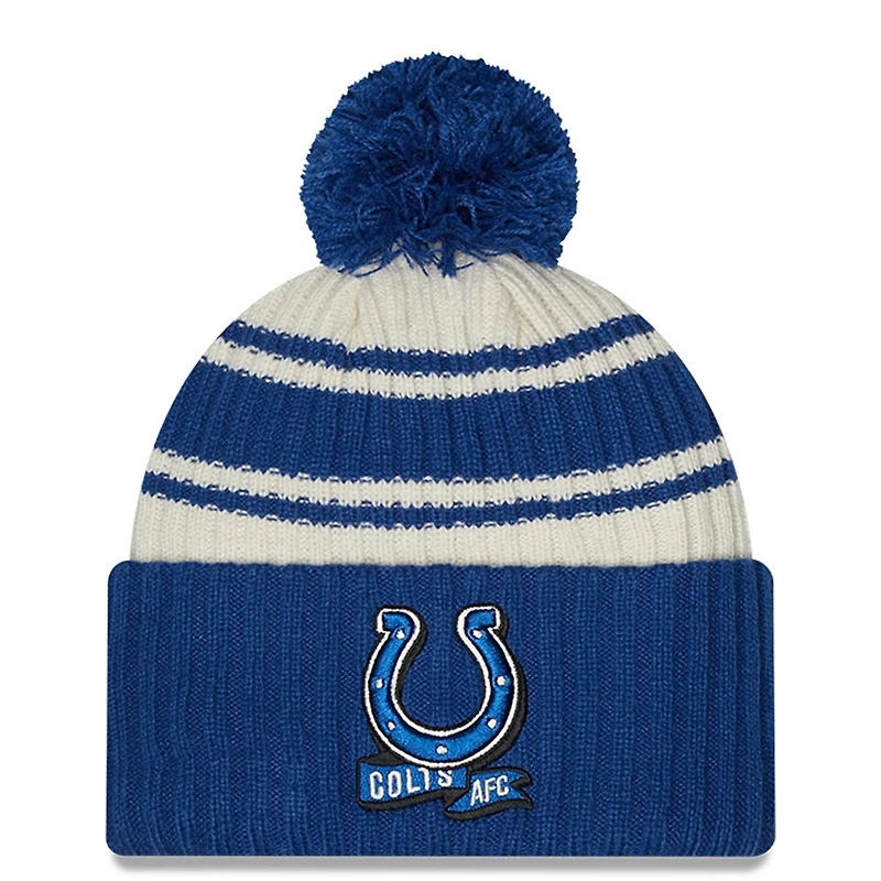Men's New Era Cream/Royal Indianapolis Colts 2022 Sideline Sport Cuffed Pom Knit Hat