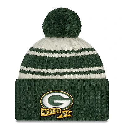 Youth New Era Cream/Green Green Bay Packers 2022 Sideline Sport Cuffed Pom Knit Hat
