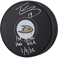 Troy Terry Anaheim Ducks Autographed Hockey Puck with "1st NHL Hat Trick 1/4/22" Inscription