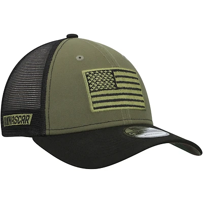 Men's New Era Olive/Black NASCAR Merchandise Military Appreciation 9FORTY Adjustable Trucker Hat