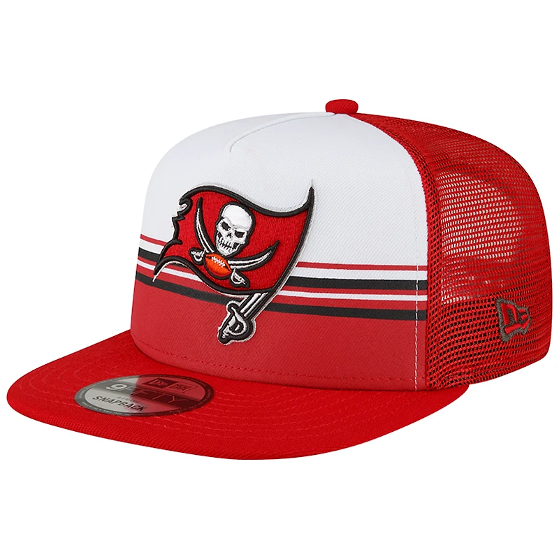 Men's New Era White/Red Tampa Bay Buccaneers Striped A-Frame 9FIFTY Trucker Snapback Hat