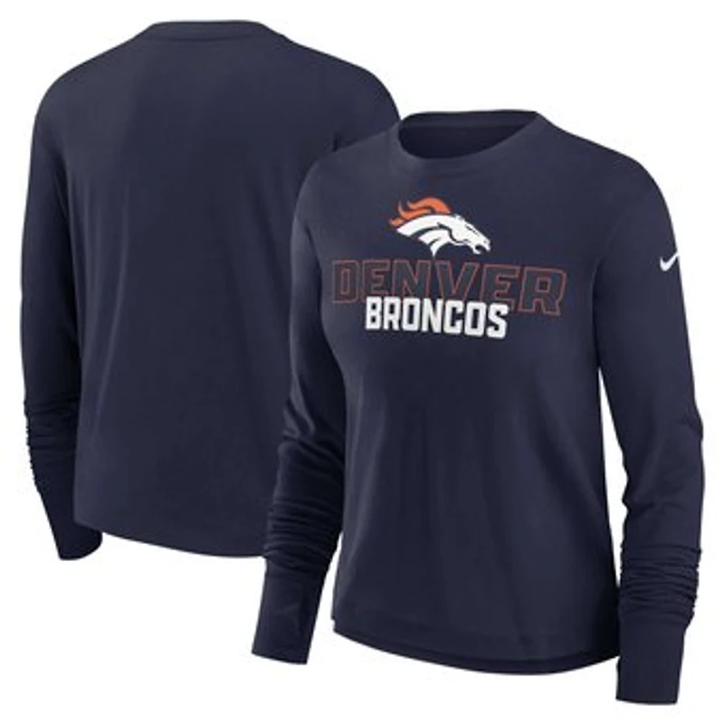 Women's Nike Navy Denver Broncos Modest Crop Performance Long Sleeve T-Shirt