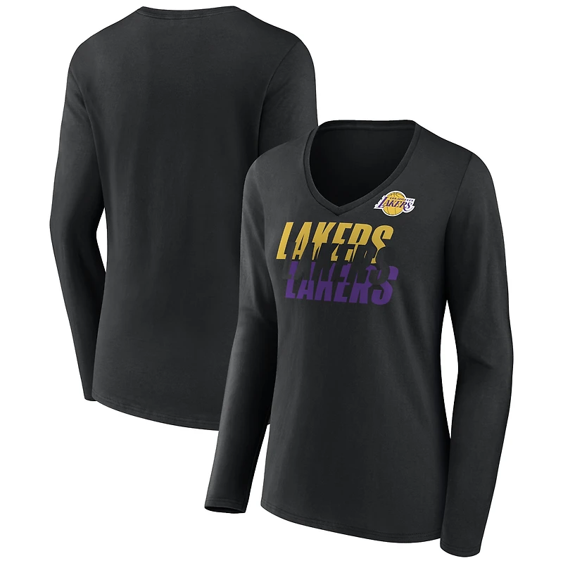 Women's Black Los Angeles Lakers Tumble V-Neck Long Sleeve T-Shirt