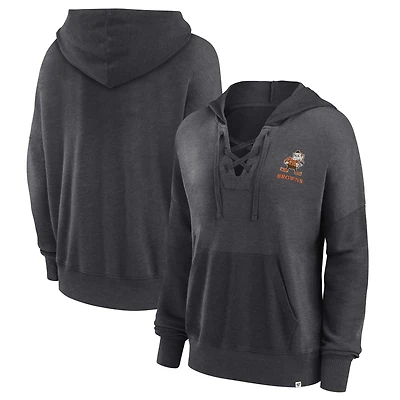 Women's Fanatics Heather Charcoal Cleveland Browns Heritage Snow Wash French Terry Lace-Up Pullover Hoodie