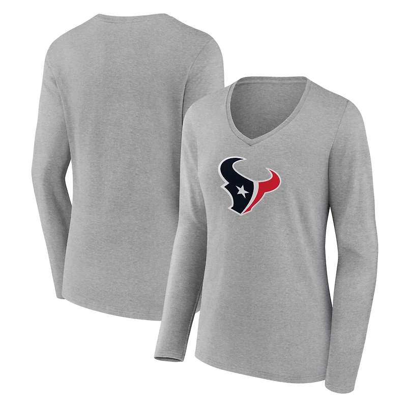 Women's Heather Gray Houston Texans Primary Team Logo Long Sleeve V-Neck T-Shirt