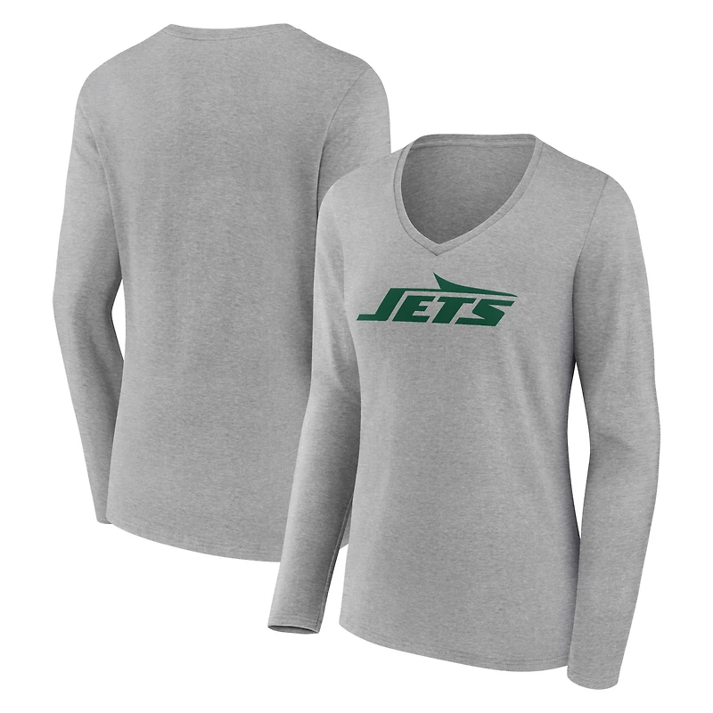 Women's Gray New York Jets Primary Logo Long Sleeve V-Neck T-Shirt