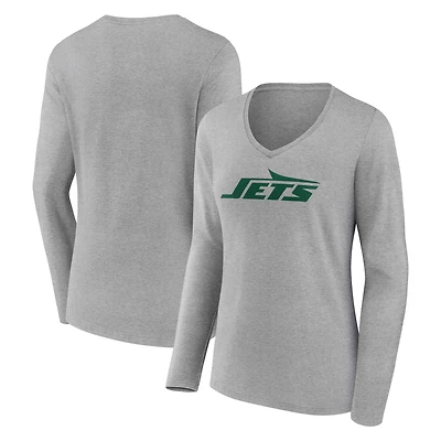 Women's Gray New York Jets Primary Logo Long Sleeve V-Neck T-Shirt