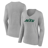 Women's Gray New York Jets Primary Logo Long Sleeve V-Neck T-Shirt