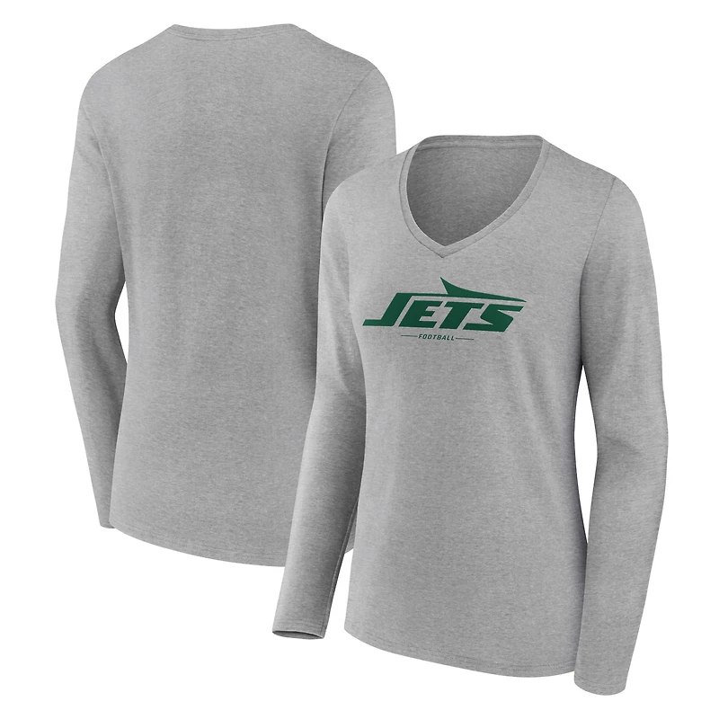 Women's Heather Gray New York Jets Logo Team Lockup Long Sleeve V-Neck T-Shirt