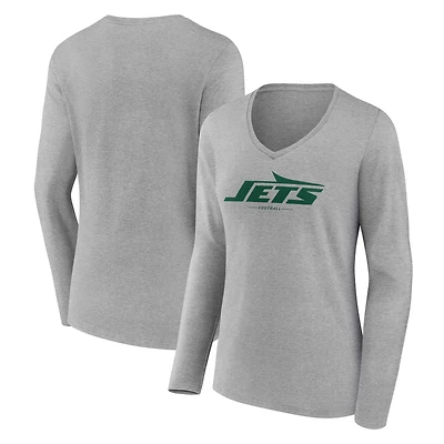 Women's Heather Gray New York Jets Logo Team Lockup Long Sleeve V-Neck T-Shirt