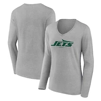 Women's Heather Gray New York Jets Logo Team Lockup Long Sleeve V-Neck T-Shirt