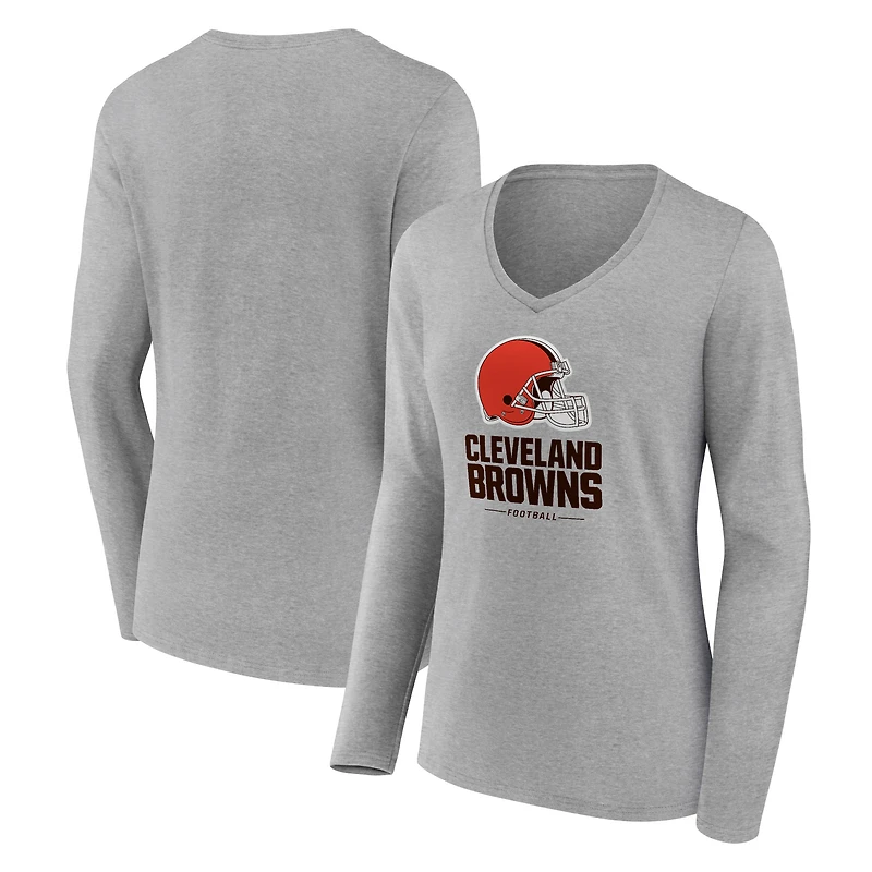 Women's Gray Cleveland Browns Logo Team Lockup Long Sleeve V-Neck T-Shirt