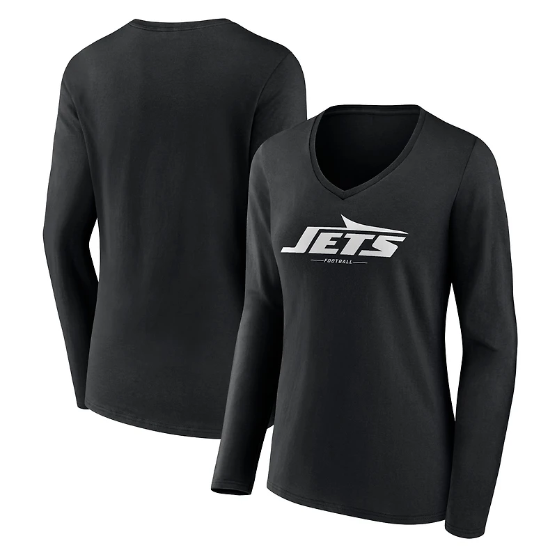 Women's Black New York Jets Logo Team Lockup Long Sleeve V-Neck T-Shirt