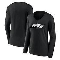 Women's Black New York Jets Logo Team Lockup Long Sleeve V-Neck T-Shirt