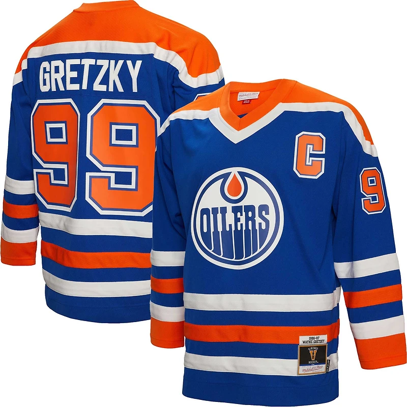 Men's Mitchell & Ness Wayne Gretzky Royal Edmonton Oilers Big & Tall 1986 Captain Patch Blue Line Player Jersey