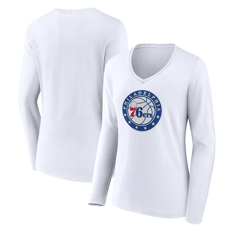 Women's White Philadelphia 76ers Alternate Logo V-Neck Long Sleeve T-Shirt