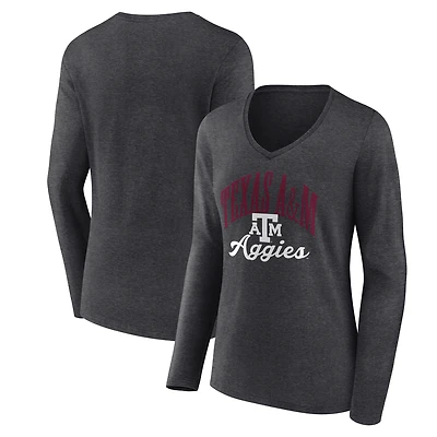 Women's Charcoal Texas A&M Aggies Victory Script Long Sleeve V-Neck T-Shirt