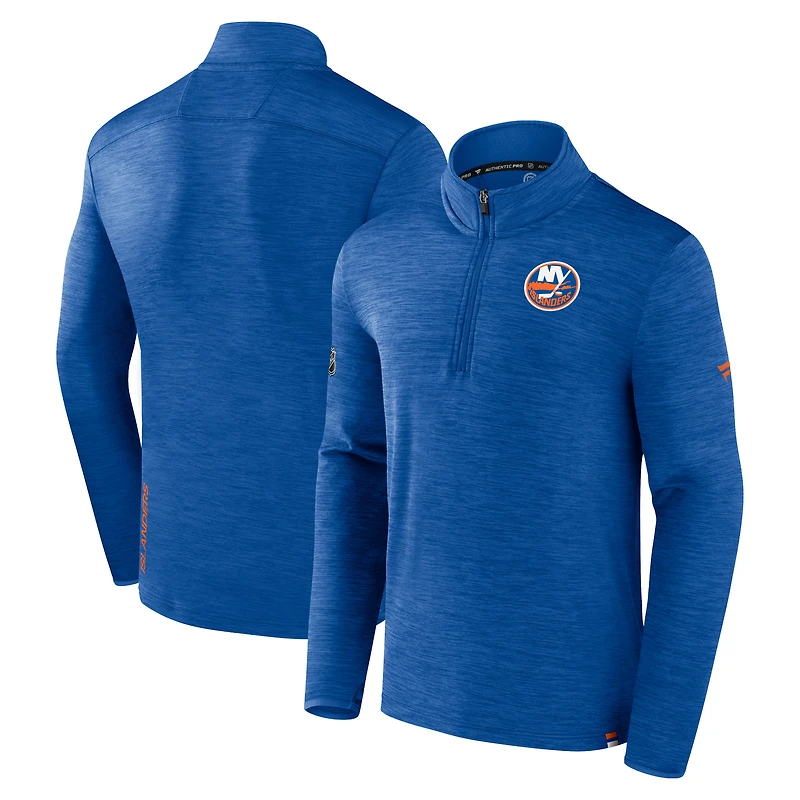 Men's Fanatics Heather Royal New York Islanders Authentic Pro Quarter-Zip Pullover Top