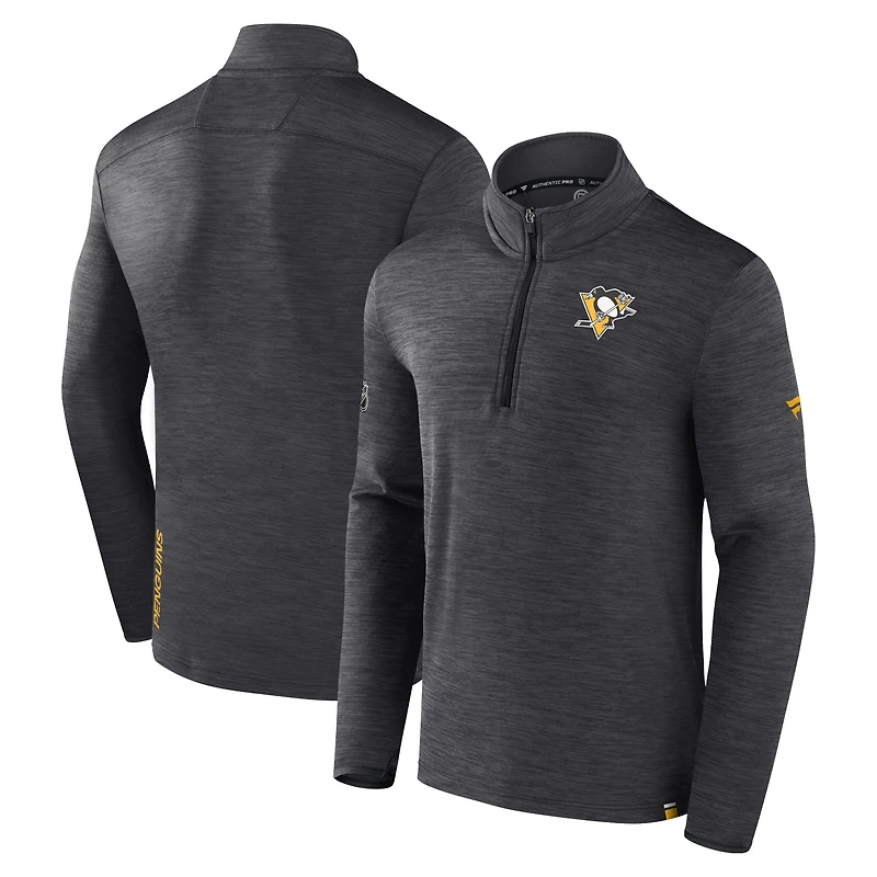 Men's Fanatics  Heather Charcoal Pittsburgh Penguins Authentic Pro Quarter-Zip Pullover Top