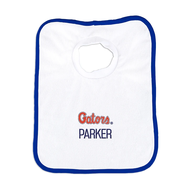 Newborn & Infant White/Royal Florida Gators Script Logo Personalized Bib