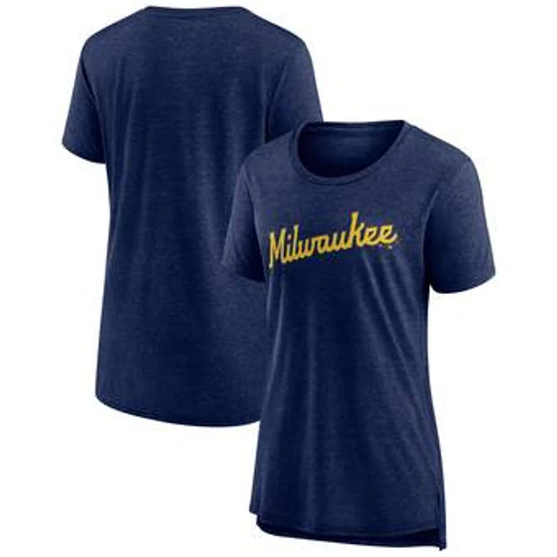 Women's Heather Navy Milwaukee Brewers Official Wordmark Tri-Blend T-Shirt