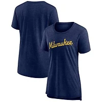 Women's Heather Navy Milwaukee Brewers Official Wordmark Tri-Blend T-Shirt