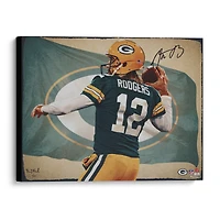 Aaron Rodgers Green Bay Packers Autographed Stretched 20" x 24" Canvas Giclee Print - Designed and Signed by Artist Brian Konnick - Limited Edition of 50