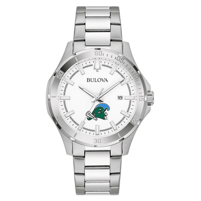 Men's Bulova Silver Tulane Green Wave Stainless Steel Classic Sport Watch