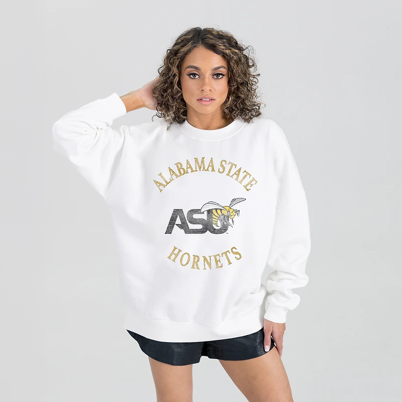 Women's Gameday Couture White Alabama State Hornets Oversized Good Vibes Premium Fleece Drop Shoulder Pullover Sweatshirt